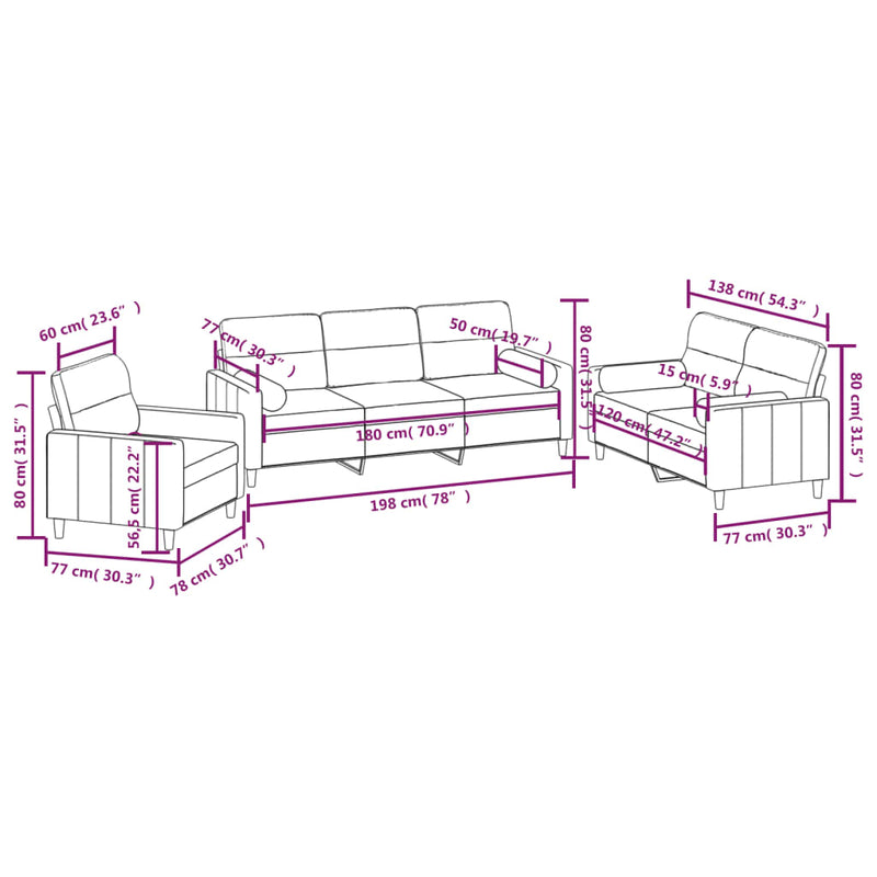 vidaXL 3 Piece Sofa Set with Throw Pillows&Cushions Dark Gray Fabric-19