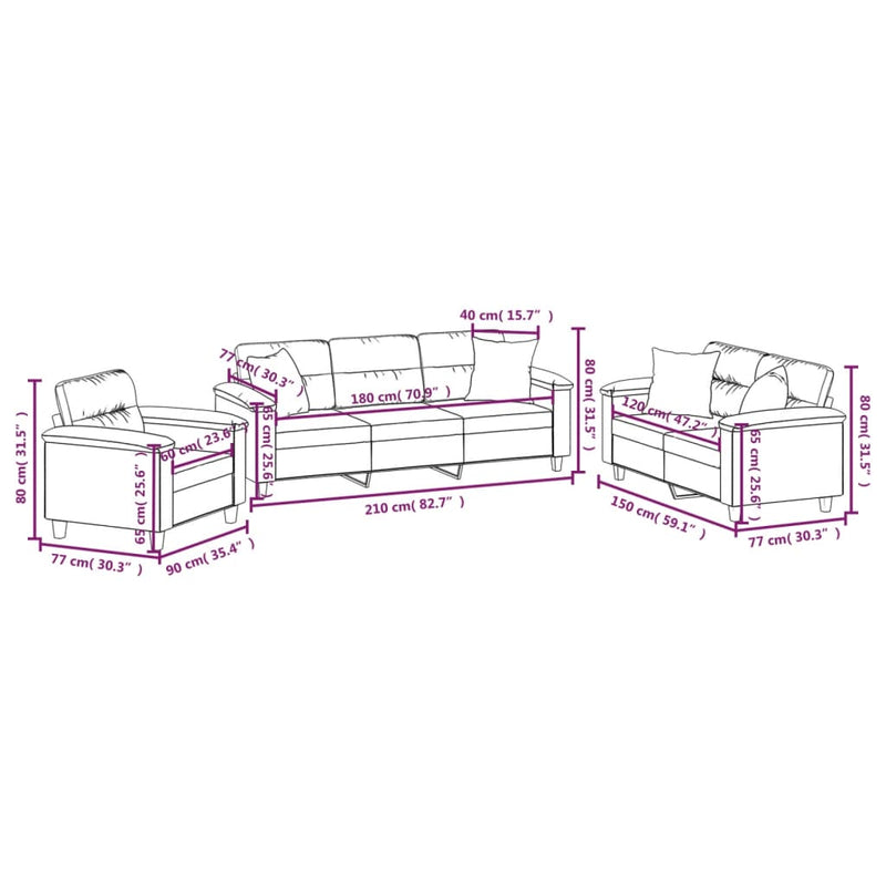 vidaXL 3 Piece Sofa Set with Pillows Dark Gray Microfiber Fabric-19