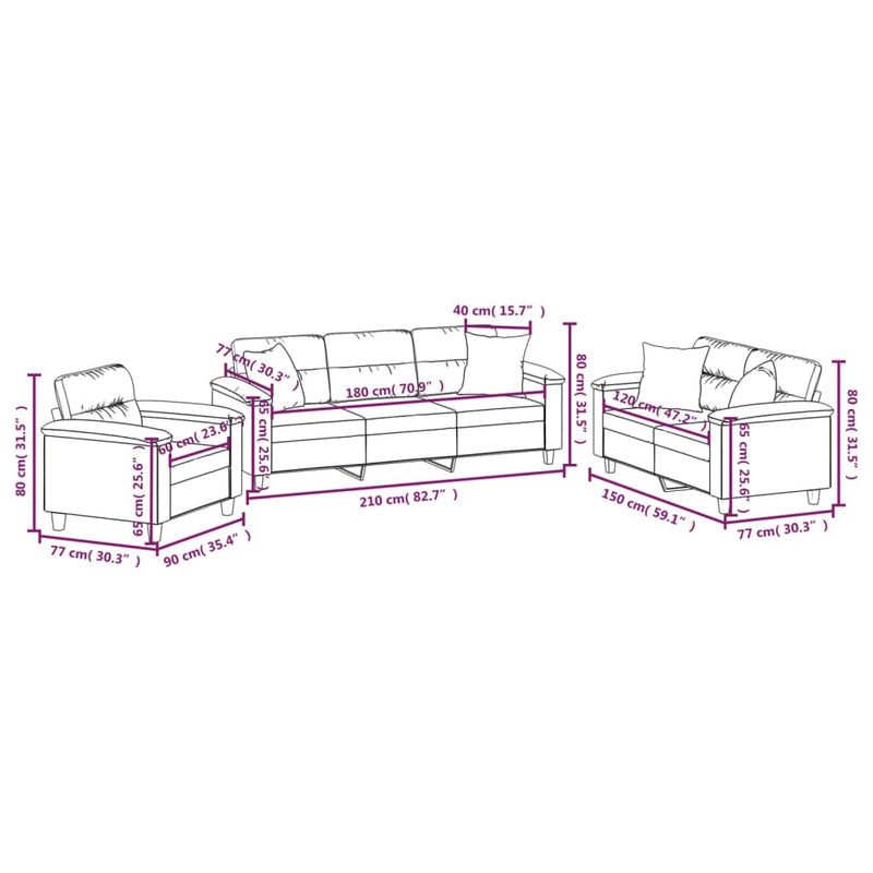 vidaXL 3 Piece Sofa Set with Pillows Dark Gray Microfiber Fabric-9